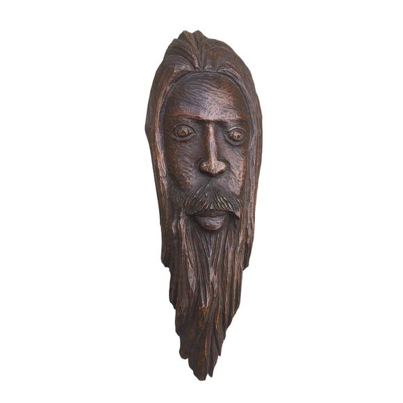 Vintage 1986 Wood Carving Mans Head with Mustache and Beard 16.5″x5 3/4″x3″ - Picture 1 of 6